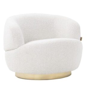 Manilla swivel lounge chair in white textured fabric with a curved back and elegant gold pedestal base.