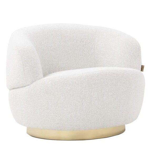 Manilla swivel lounge chair in white textured fabric with a curved back and elegant gold pedestal base.
