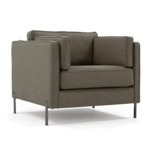 Misha lounge chair with grey upholstered seat, structured back, and modern dark metal legs in a front-facing view.