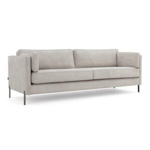 Misha Sofa in light grey fabric with clean lines, high-density cushions, and slim dark metal legs on white background.