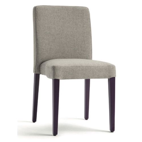 Miss Stacking Side Chair with beige upholstered seat and back on a dark four-legged wooden frame, studio view.