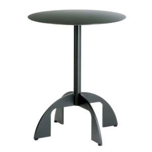 Black Noru dining table with a round top and a unique four-legged metal base, captured from a front-facing angle.