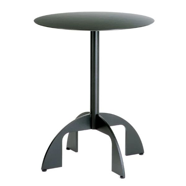 Black Noru dining table with a round top and a unique four-legged metal base, captured from a front-facing angle.