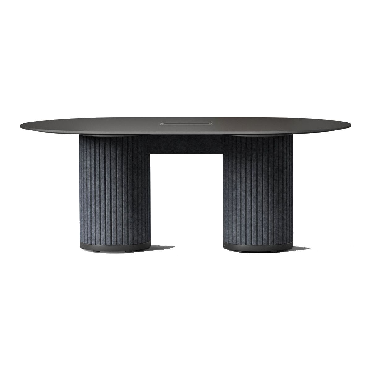 Parthos medium meeting table with a dark oval laminate top and two grey vertically-ribbed felt pedestal bases.