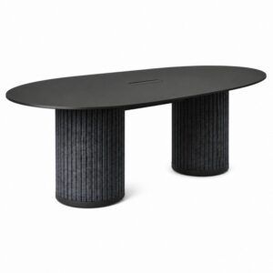 Parthos medium meeting table featuring a matte black oval surface and dual textured felt pedestal columns.