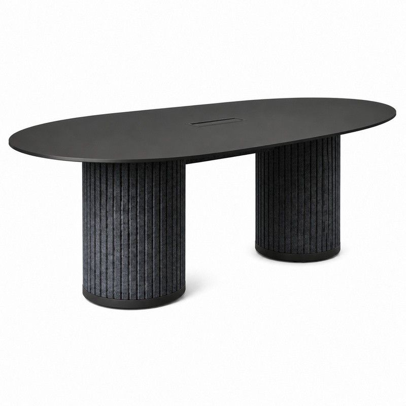 Parthos medium meeting table featuring a matte black oval surface and dual textured felt pedestal columns.