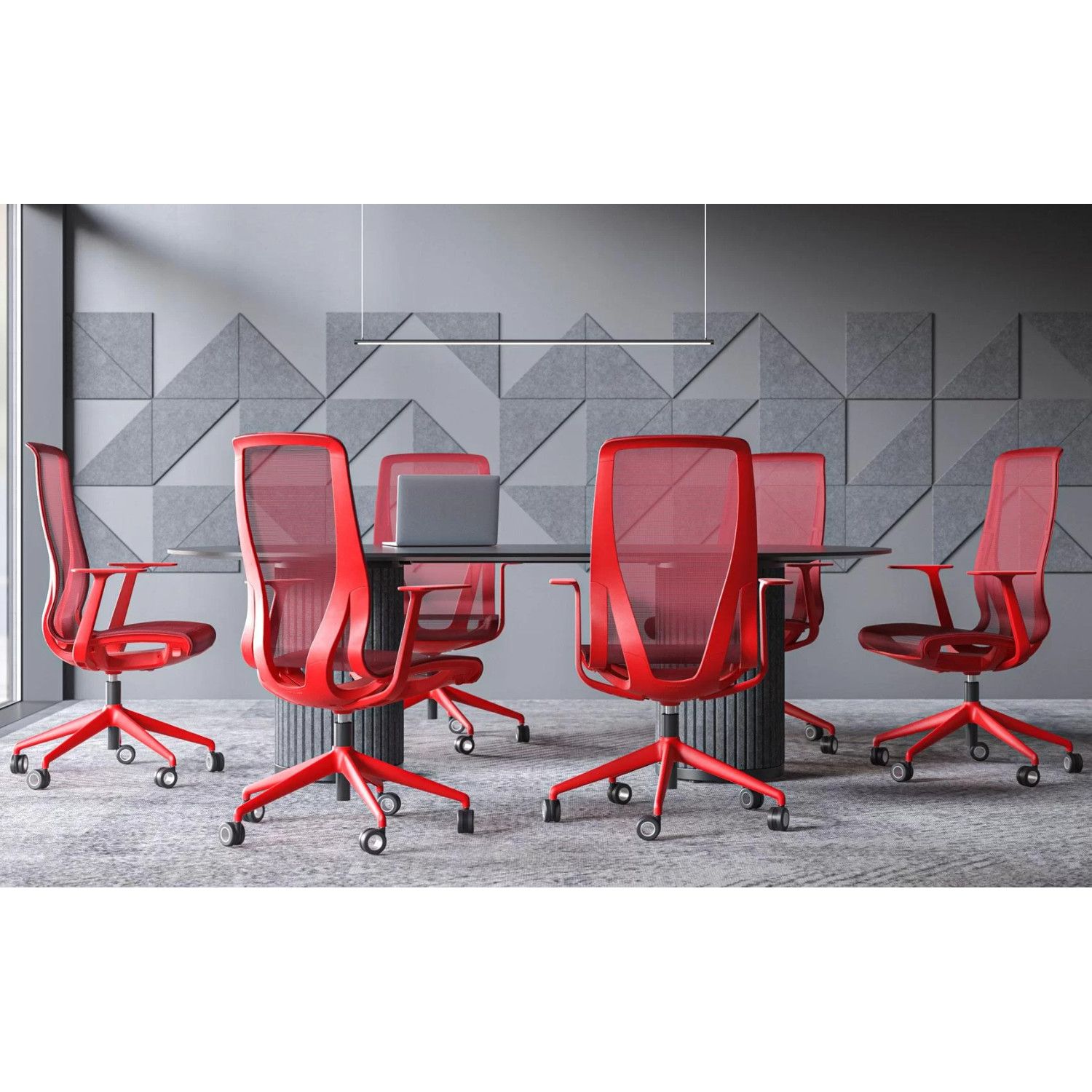 Parthos meeting table surrounded by six vibrant red mesh office chairs in a contemporary conference room setting.