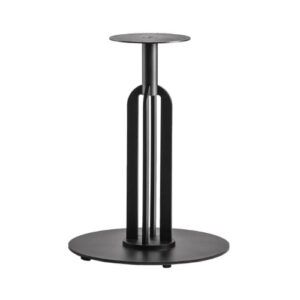Minimalist Runo coffee table base in matte black metal, featuring a central column atop a flat circular floor plate.