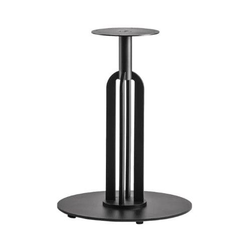 Minimalist Runo coffee table base in matte black metal, featuring a central column atop a flat circular floor plate.