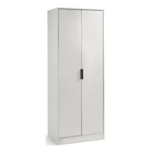 Alba wardrobe in white, a tall two-door bedroom storage unit with modern black vertical handles, isolated on white.