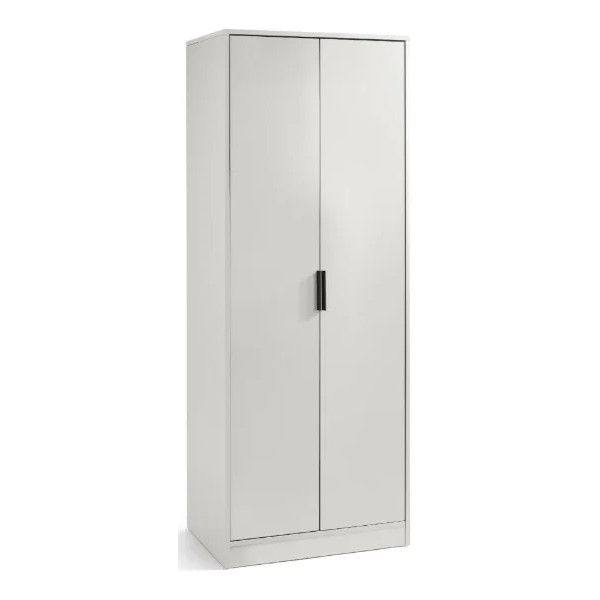 Alba wardrobe in white, a tall two-door bedroom storage unit with modern black vertical handles, isolated on white.