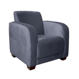 Alena Lounge Chair in grey velvet upholstery with a contemporary design, sturdy wooden legs, and a sleek, modern silhouette.
