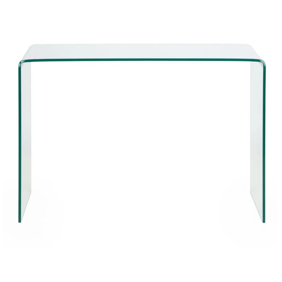 Amalfi Console Table shown in a direct front view, highlighting its seamless, bent glass transparent silhouette.
