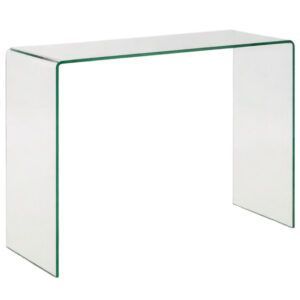 Amalfi Console Table featuring a minimalist, clear glass waterfall design viewed from a front-side angle.
