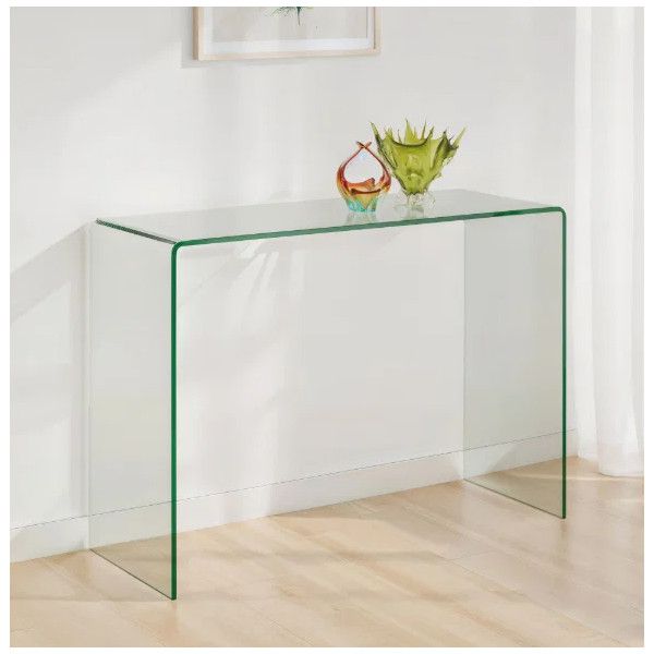 Amalfi Console Table captured at a high angle, displaying its clear glass construction and decorative glass ornaments.
