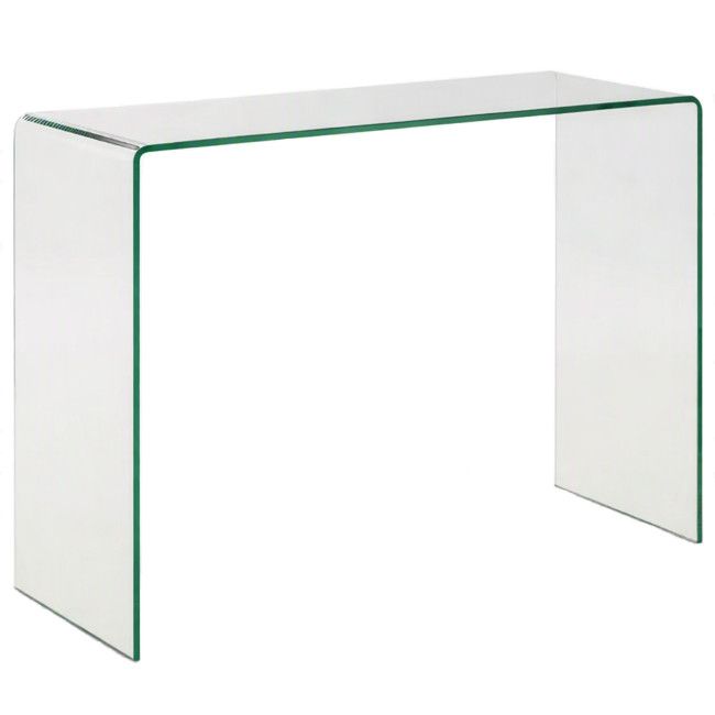 Amalfi Console Table featuring a minimalist, clear glass waterfall design viewed from a front-side angle.