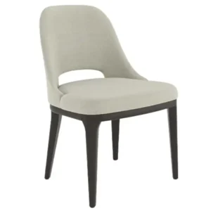 Axis Side Chair with light beige upholstered seat and cutout back on dark wood legs, angled view.