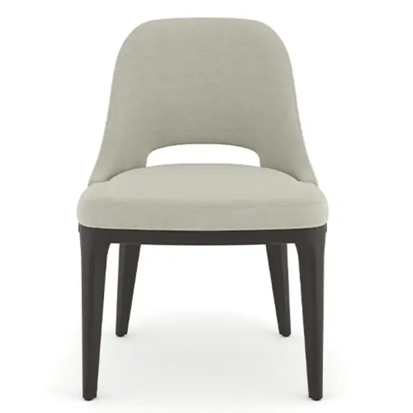 Axis Side Chair frontal view highlighting light grey upholstered back with cutout and dark wood legs.