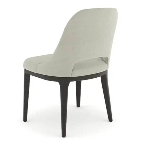 Axis Side Chair in light grey upholstery with tall curved back, tapered dark wood legs, rear angle view.