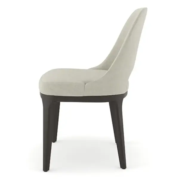 Axis Side Chair profile view with off-white upholstered seat and back on dark wood frame.