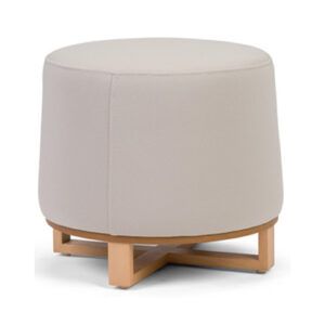 Ballet Low Stool with light beige upholstered round seat and wooden cross base, studio side view.