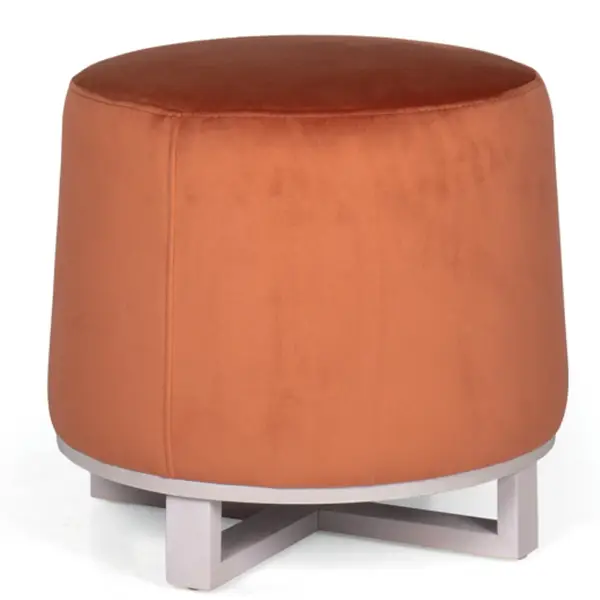 Ballet Low Stool in burnt orange velvet with drum seat on light grey wooden cross base, studio shot.