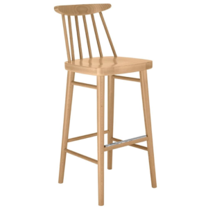 Bam W Barstool in natural wood with spindle back and four-legged frame, angled view