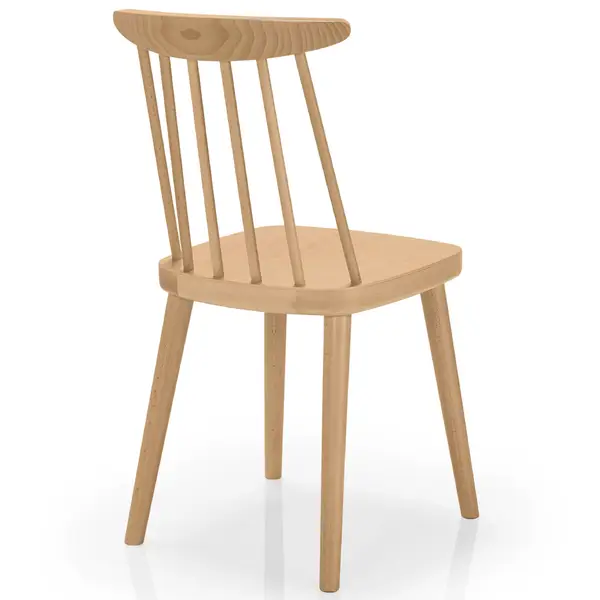Bam W Side Chair angled rear view showing curved spindle back and light wooden seat