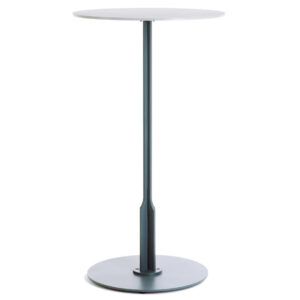 Noru poseur table with a round top and slim central metal pedestal base in a minimalist, modern grey design.