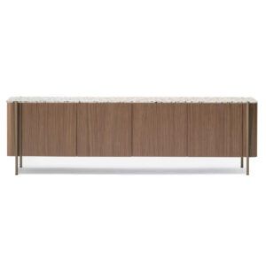 Blume 4S Sideboard with walnut veneer doors, slender metal legs, and a terrazzo stone top, shown in a front view.