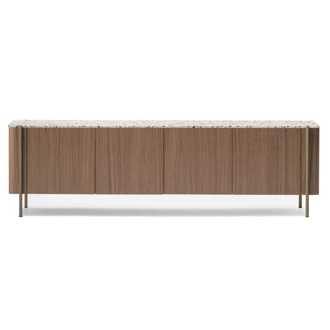 Blume 4S Sideboard with walnut veneer doors, slender metal legs, and a terrazzo stone top, shown in a front view.