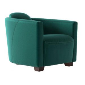 Bristol Lounge Chair in emerald green fabric with a curved backrest and dark wooden feet, shown from a side angle.