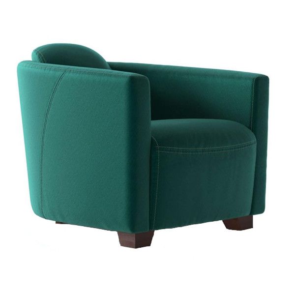 Bristol Lounge Chair in emerald green fabric with a curved backrest and dark wooden feet, shown from a side angle.