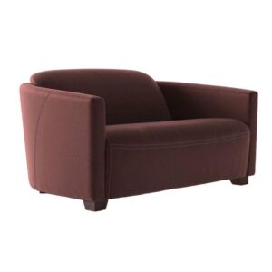Bristol sofa in a rich burgundy fabric with a modern, curved backrest and solid dark wood legs, studio view.