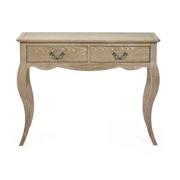Front-facing Camille Console Table with light wood grain, two drawers, and curved legs.