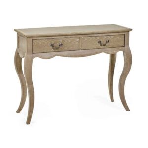 Camille Console Table in natural wood finish with two drawers and curved cabriole legs, angled view.