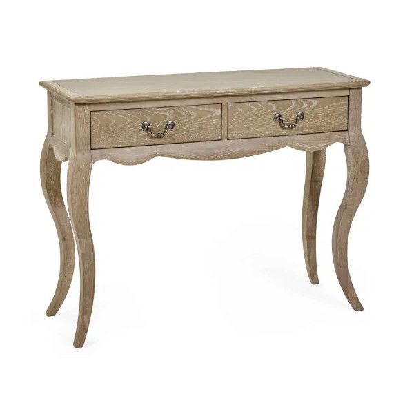 Camille Console Table in natural wood finish with two drawers and curved cabriole legs, angled view.