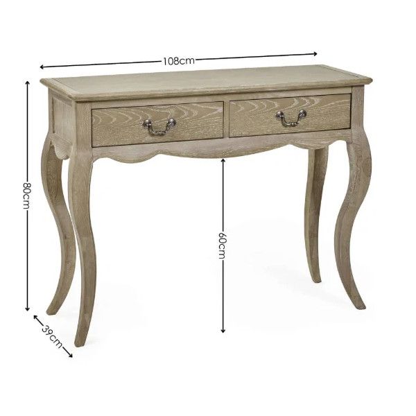 Camille Console Table dimensions: 108cm wide, 80cm high, 60cm clearance, 39cm depth, two drawers visible.