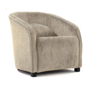 Three-quarter view of the Charlie lounge chair, showcasing its rounded upholstered silhouette and black wooden feet.