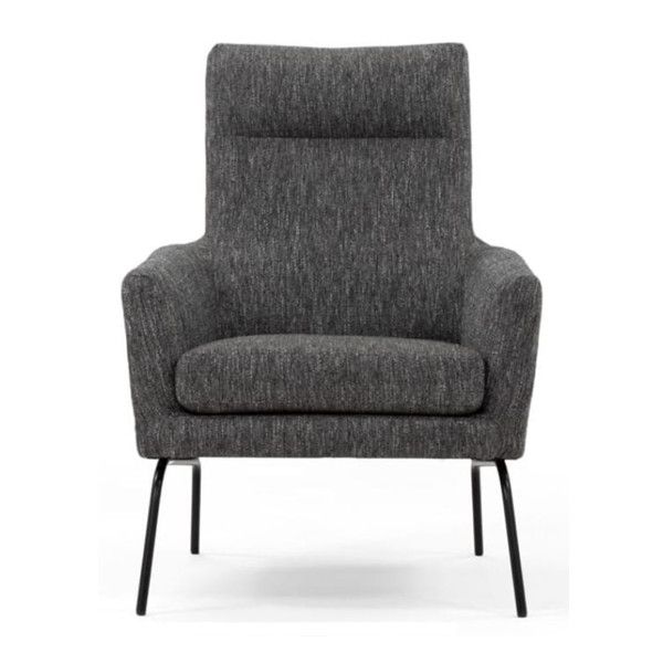 Charcoal grey Conrad lounge chair featuring a tall curved back, integrated arms, and slim black metal legs.