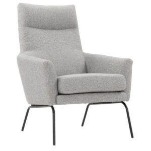 Conrad lounge chair in light grey textured upholstery with a high back and black metal four-legged frame, front view.