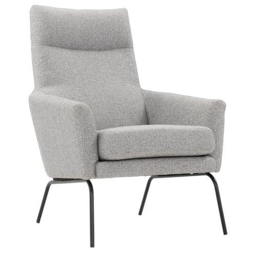 Conrad lounge chair in light grey textured upholstery with a high back and black metal four-legged frame, front view.