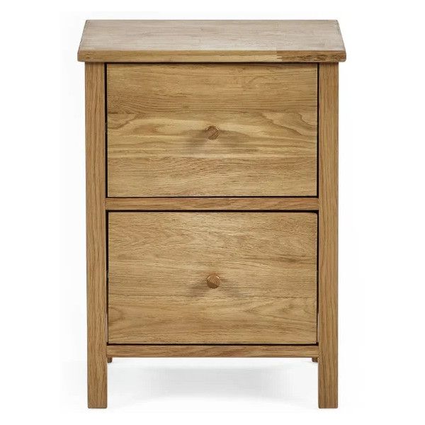 Full-front studio view of the Coxmoor 2 drawer bedside table, featuring a classic light oak finish and minimal design.