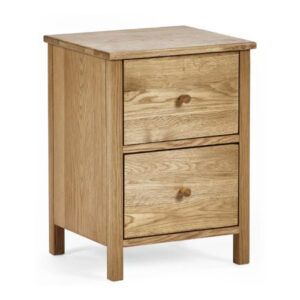 Coxmoor 2 drawer bedside table in a natural oak finish with a sturdy wooden frame and simple knob handles.