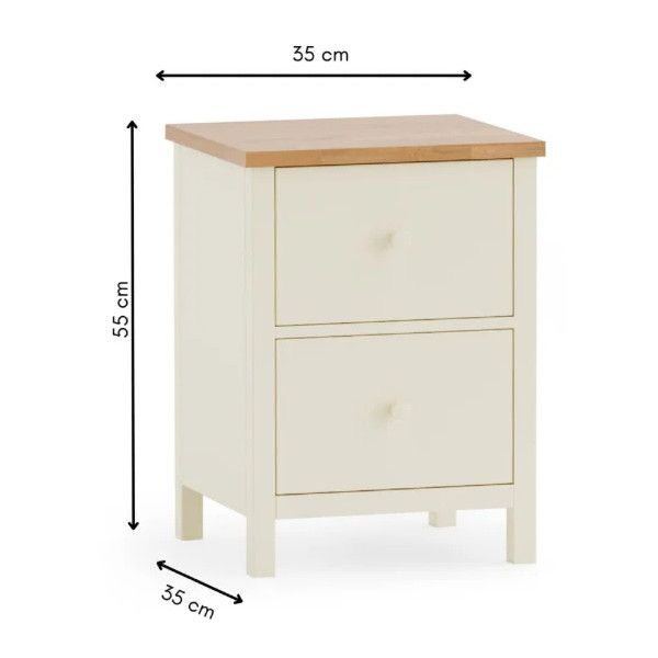 Technical diagram of the ivory and oak Coxmoor 2 drawer bedside showing exact 35cm by 55cm dimensions.