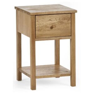 Coxmoor 1 drawer bedside table in light oak wood featuring a single drawer and an open lower storage shelf.