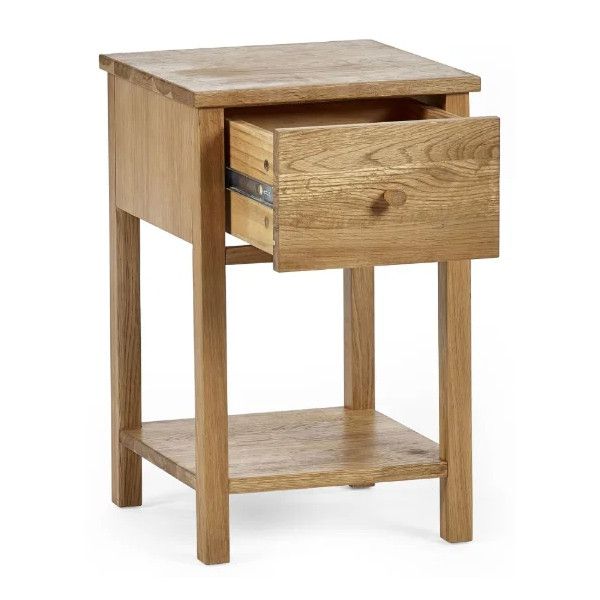 Angled view of the Coxmoor 1 Draw Bedside table showing the open wooden drawer and sturdy four-legged base design.