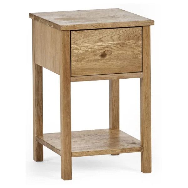Coxmoor 1 drawer bedside table in light oak wood featuring a single drawer and an open lower storage shelf.