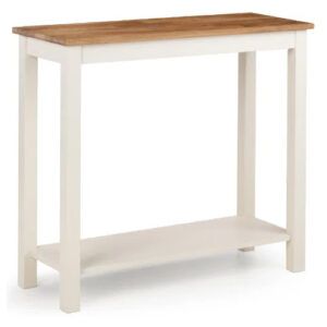 Coxmoor Console Table with natural wood top and cream base, featuring a lower shelf.