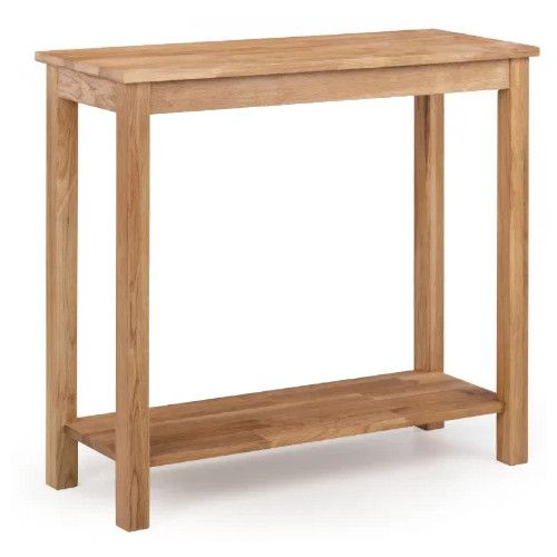 Solid wood Coxmoor Console Table with four legs and lower shelf, shown from a three-quarter angle.